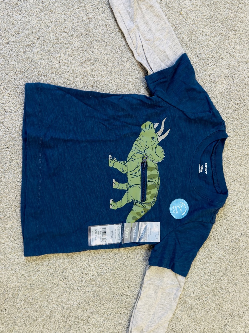 Carter's Navy Blue Long-Sleeve Tee with Green Dinosaur Graphic with fun element